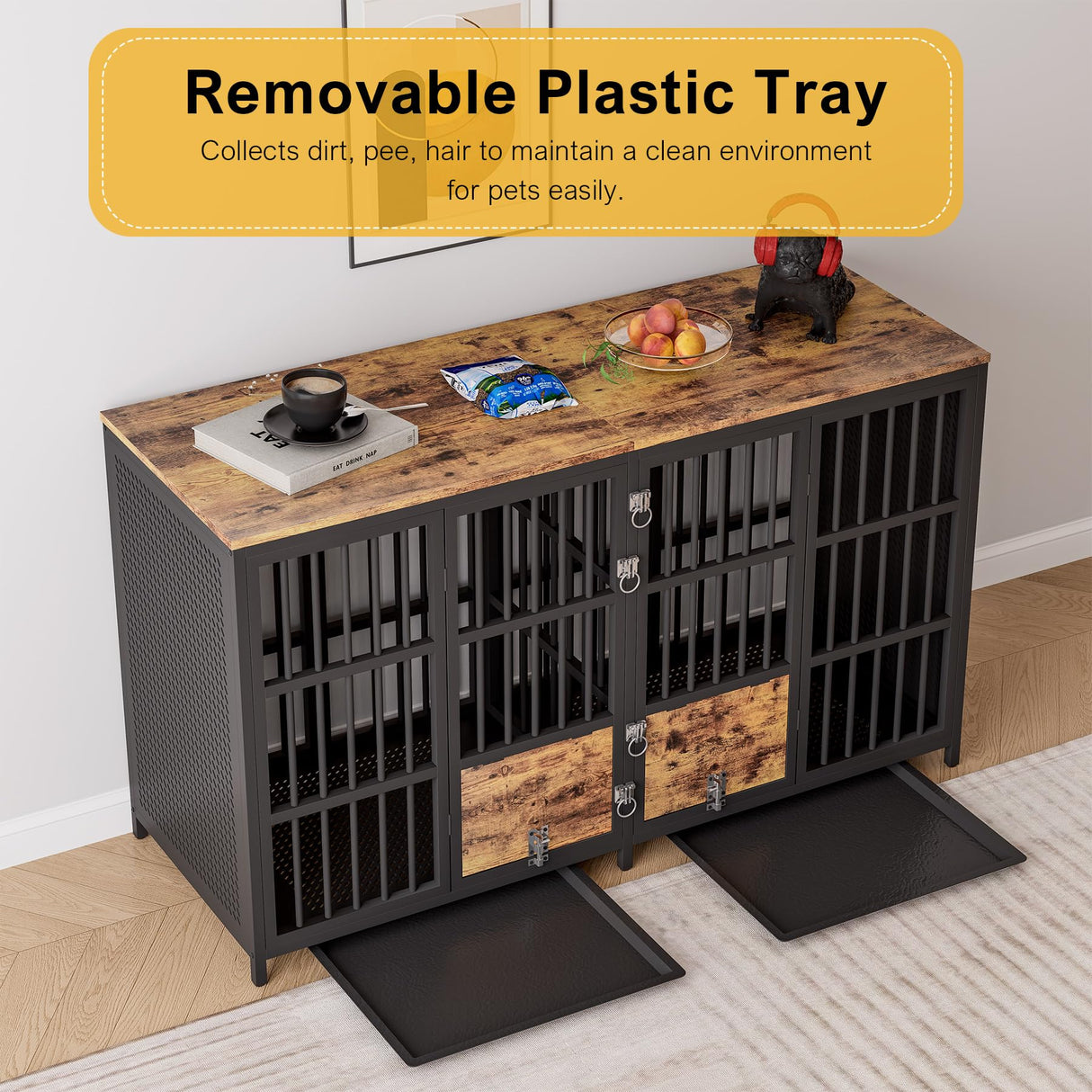 BOINN Large Dog Crate Furniture, 63 inch Heavy Duty Double Dog Crate with Divider, Extra Large Dog Kennel Furniture with Removable Trays for Medium Large Dogs BOINN