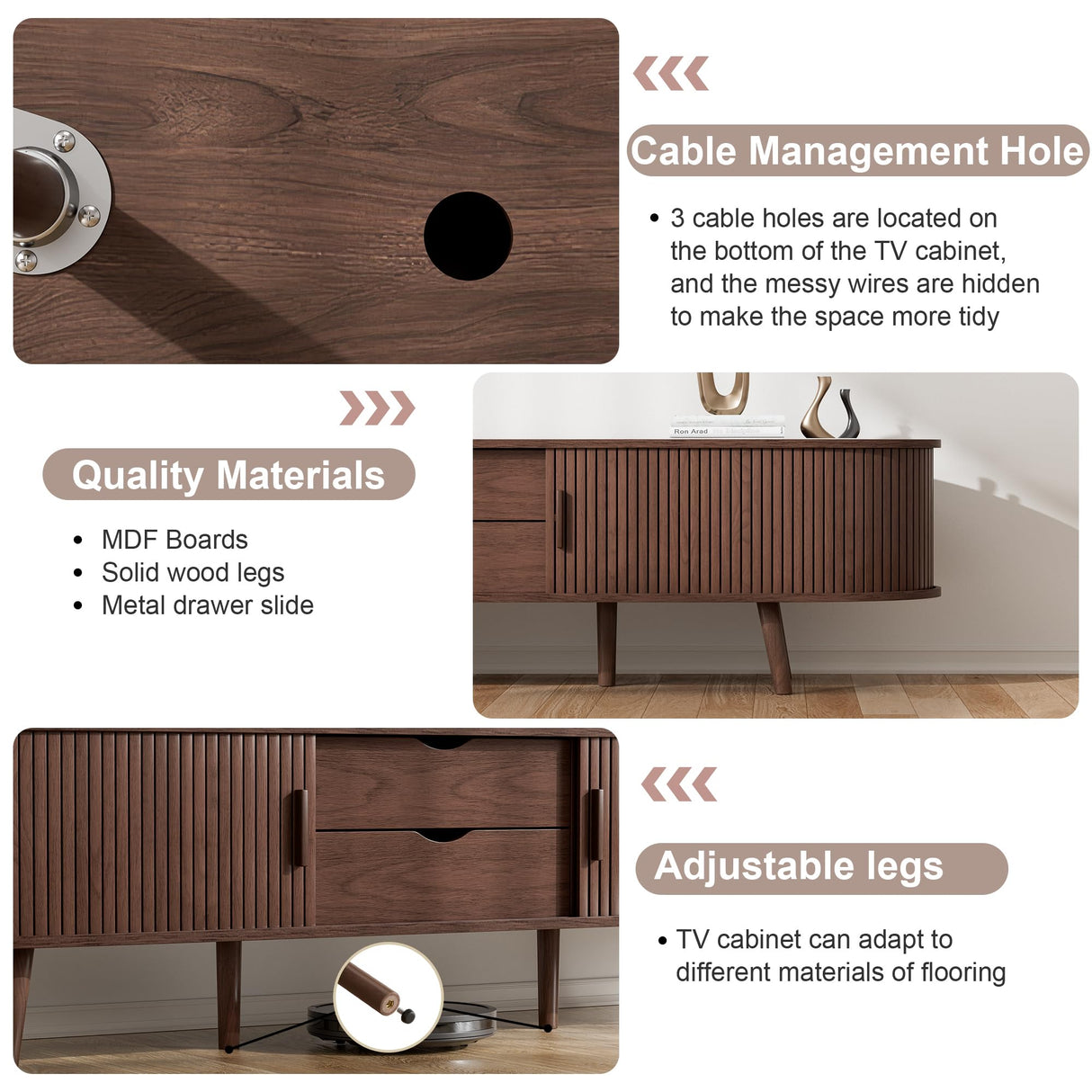 69" Mid Century Modern TV Stand with Charging Station, Farmhouse Curved Round Edge TV and Media Console Table with Drawer and Shelf, Fluted Entertainment Center for Living Room, Bedroom, Walnut Alohappy