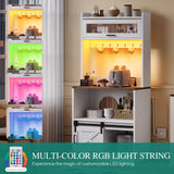 DWVO Bakers Rack with Power Outlet and Storage Cabinet, 5-Tier Farmhouse Kitchen Microwave Stand with LED Lights,Heavy Duty Coffee Bar Table Station with 7 Hooks for Dining Living Room, White DWVO