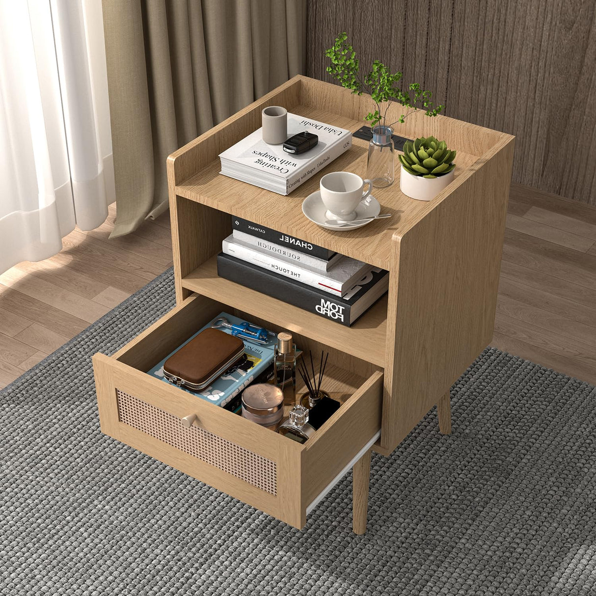 MECHYIN Rattan Nightstands Set of 2 with Charging Station, Bedside Tables Rattan Drawers Nightstands, Rattan End Table with Solid Wood Feet, Side Table Nightstands sets for Bedroom MECHYIN