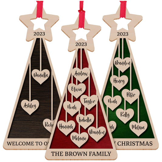 Custom 2023 Christmas Tree Star Wooden Ornament, Personalized Family Names Stocking & Gift Tag, Xmas Decor - WoodArtSupply