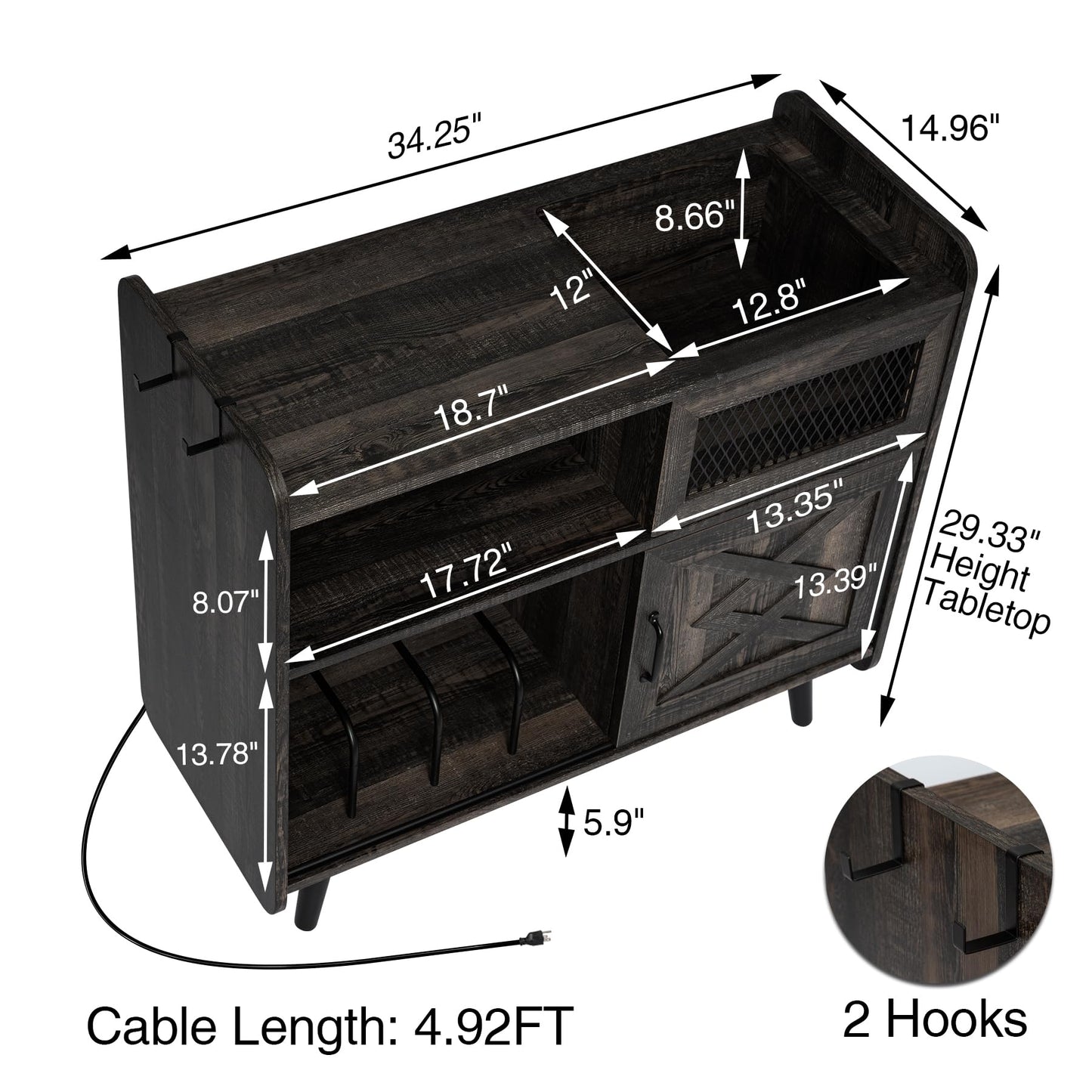 HOKYHOKY Record Player Stand with Vinyl Storage 350 Albums Large Turntable Stand w/Sliding Door, Record Player Table w/LED, Record Shelf Stereo Cabinet w/Outlets, 34”L x 31.5”H, Dark Rustic Oak