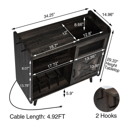 HOKYHOKY Record Player Stand with Vinyl Storage 350 Albums Large Turntable Stand w/Sliding Door, Record Player Table w/LED, Record Shelf Stereo Cabinet w/Outlets, 34”L x 31.5”H, Dark Rustic Oak