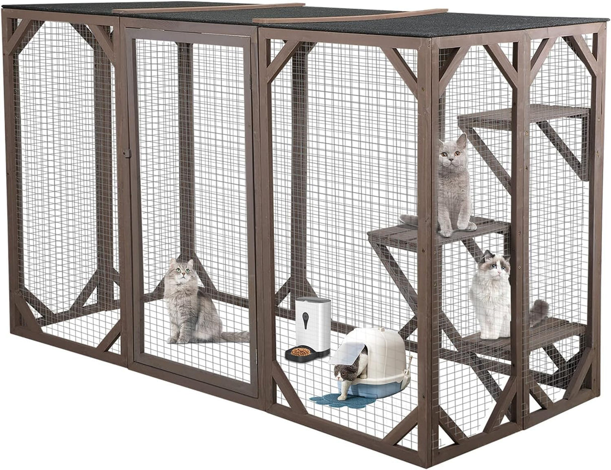 NBTiger Wood Cat Enclosure Catio Cage Pet Playhouse Run House Cage with 3 Activity Platforms, Small Animals Outdoor Pet Kennel Playpen 71'' x 32'' x 43'' NBTiger