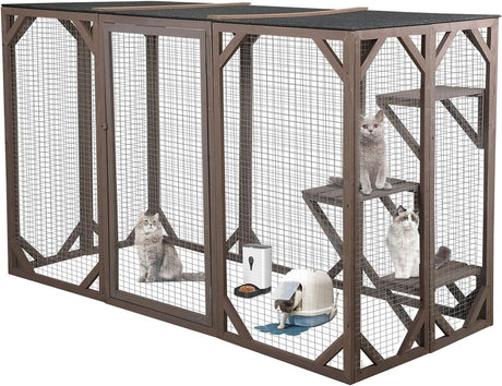 NBTiger Wood Cat Enclosure Catio Cage Pet Playhouse Run House Cage with 3 Activity Platforms, Small Animals Outdoor Pet Kennel Playpen 71'' x 32'' x 43'' NBTiger