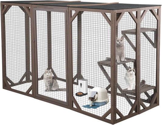 NBTiger Wood Cat Enclosure Catio Cage Pet Playhouse Run House Cage with 3 Activity Platforms, Small Animals Outdoor Pet Kennel Playpen 71'' x 32'' x 43'' - WoodArtSupply