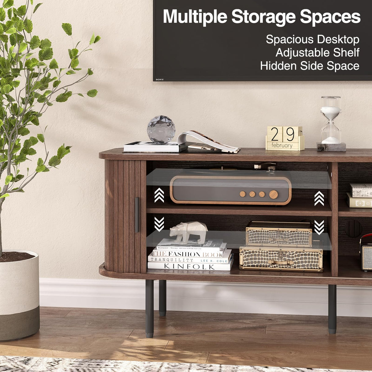 FiveWillowise 55" Mid Century Modern Fluted TV Stand for TVs up to 65 Inch, Gaming Entertainment Center with Tambour Slatted Sliding Doors, Media TV Consoles Table for Living Room, Walnut FiveWillowise