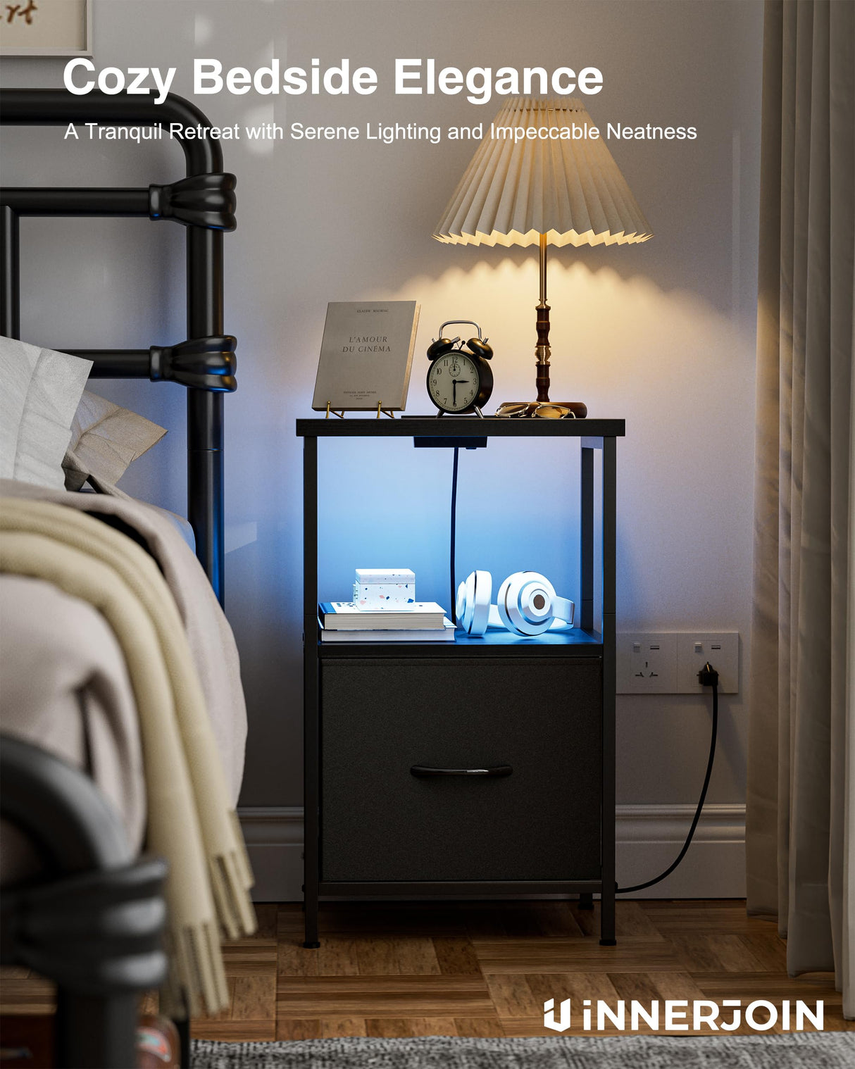 Innerjoin Side Table with Storage, LED Night Stand with A&C Charging Station, End Tables Living Room, Nightstand for Bedroom with Fabric Drawer, Black Innerjoin