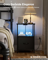 Innerjoin Side Table with Storage, LED Night Stand with A&C Charging Station, End Tables Living Room, Nightstand for Bedroom with Fabric Drawer, Black Innerjoin