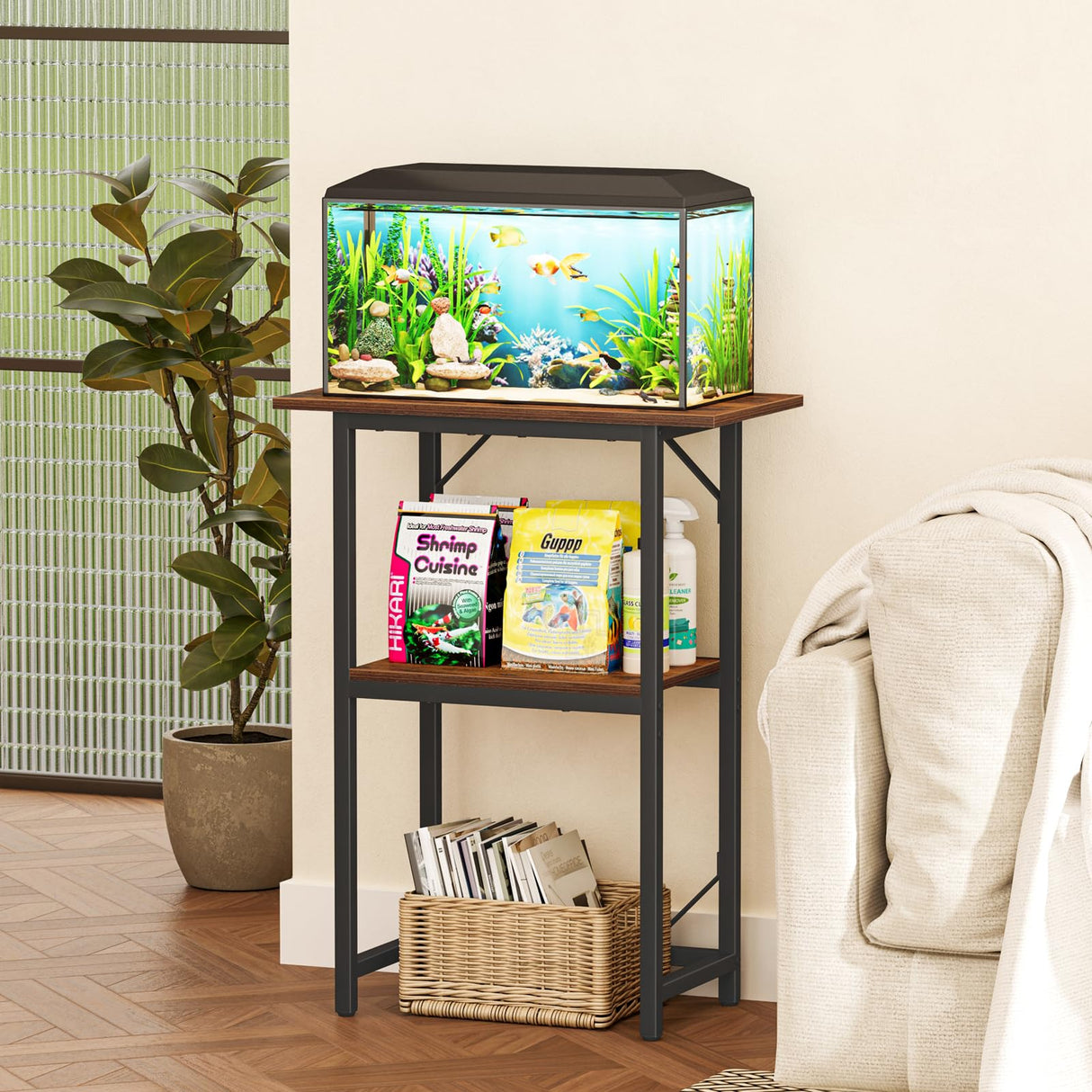 Snughome 10-20 Gallon Fish Tank Stand, Aquarium Stand 2-Tier Storage Shelves, Heavy Duty Terrarium Stand for Home Office Fish Tank Shelf, 24" L x 11.8" W x 30.7" H, Rustic Brown Snughome