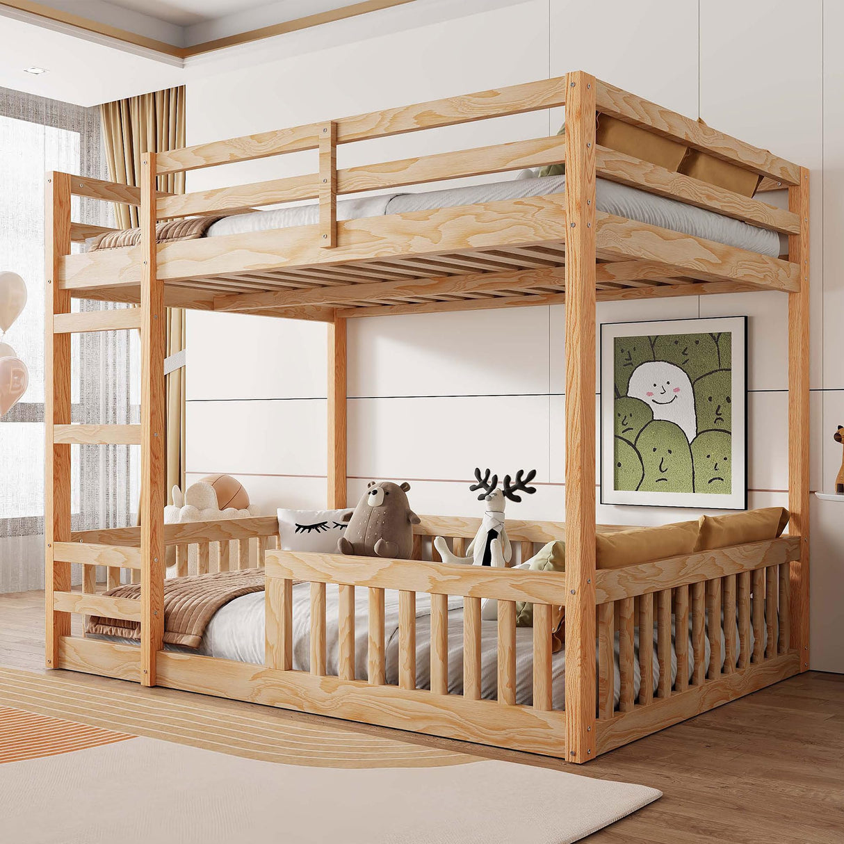 Bellemave Bunk Bed Full Over Full with Rail and guardrail, Full Bunk Bed for Kids, Girls, Boys, Floor Bunk beds with Fence, Solid Pine Wood, Natural Bellemave
