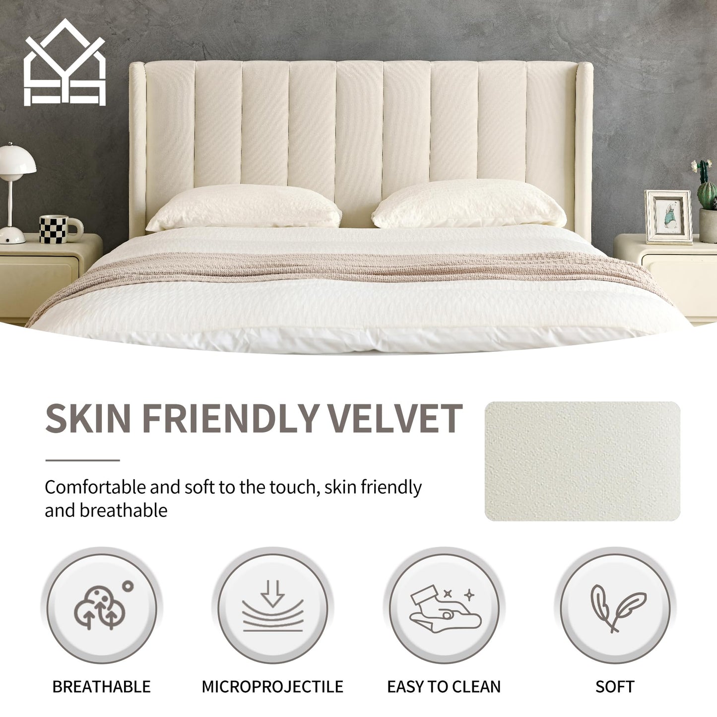 YUHUASHI upholstered Platform Bed Frame/King Bed Frame/Modern Geometric Double-Wing Design headboard/Velvet Fabric/Easy to Assemble no Noise (Cream, King (U.S. Standard))