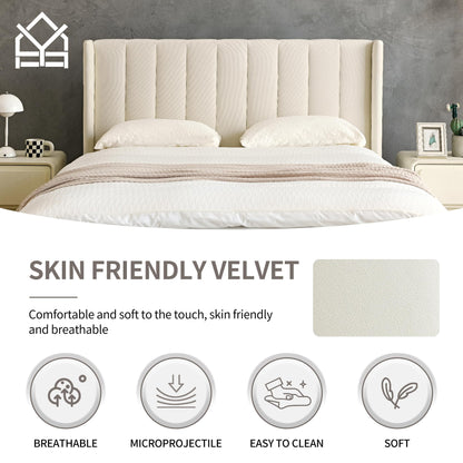 YUHUASHI upholstered Platform Bed Frame/King Bed Frame/Modern Geometric Double-Wing Design headboard/Velvet Fabric/Easy to Assemble no Noise (Cream, King (U.S. Standard))