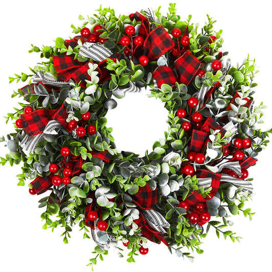 MTSCE Christmas Wreath, Front Door Decoration Wreath Winter Garland Artificial Wreath for House Party Outdoor Indoor Red Black Plaid Wreath-18 Inch