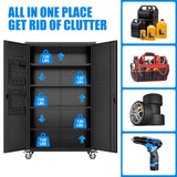2025 Upgraded Wide & Deep Garage Storage Cabinet with Wheels, Lockable Metal Storage Cabinet with Pegboards and 9 Hooks, 2 Tool Pouches for Garage,4 Adjustable Shelves (Black,43''W x 22''D x 72''H) SUXXAN