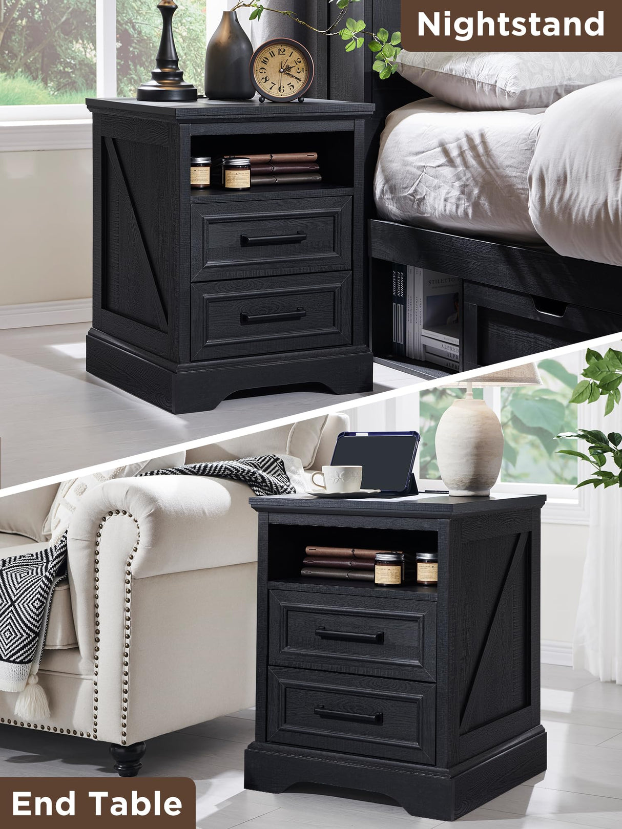 ACCOHOHO 18" Farmhouse Nightstand with Charging Station,End Table with 2 Drawers Storage,Side Table,Bedside Cabinet for Bedroom,Living Room,Black ACCOHOHO