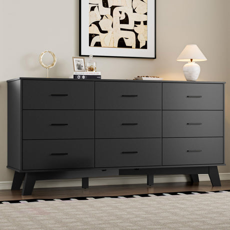 BORNOON Dresser for Bedroom with 9-Drawer, 59" Wide Modern Chest of Drawers with Metal Handles, X-Shape Base & Adjustable Center Leg, Anti-Tip Closet Organizers and Storage BORNOON