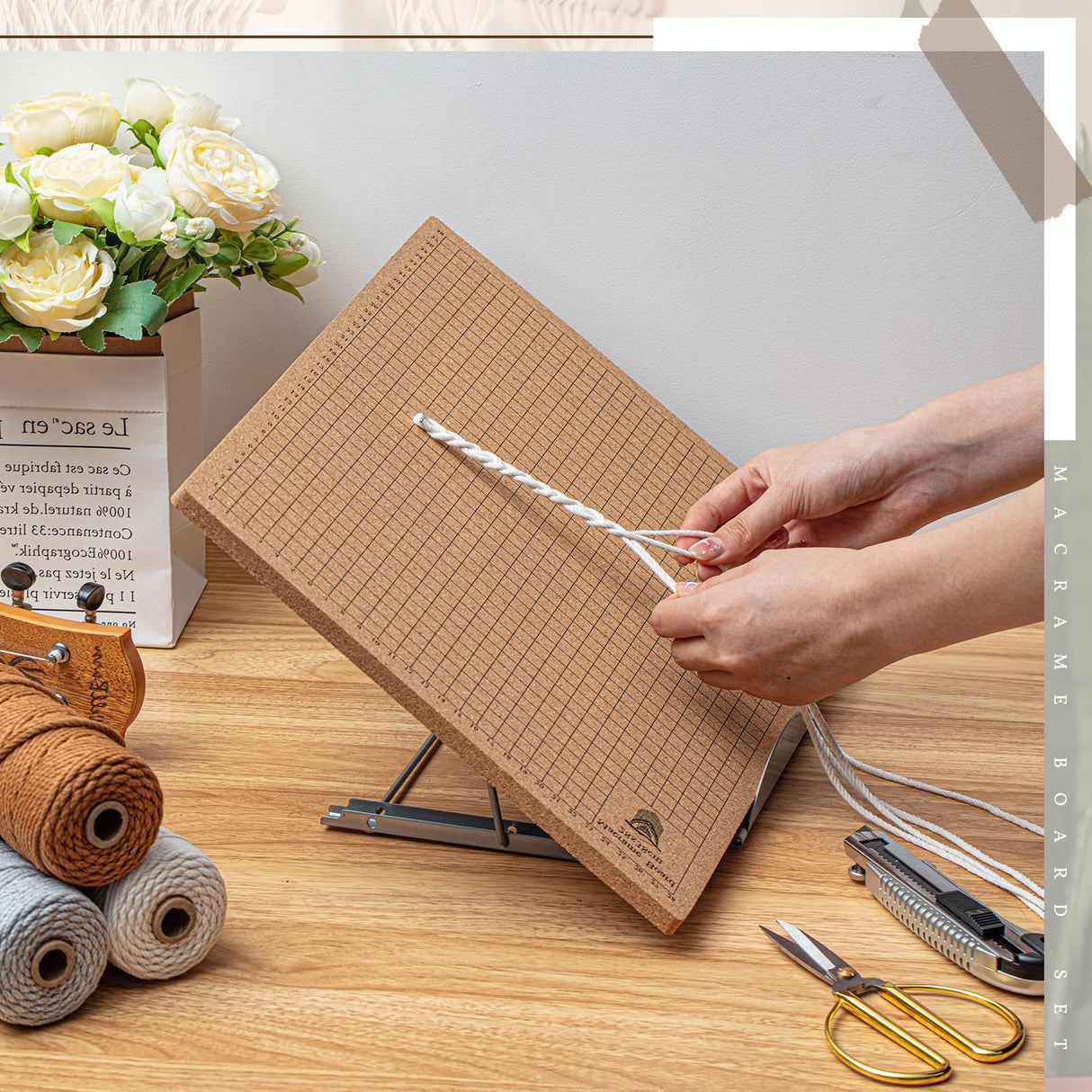 Tandefio 108 Pcs Macrame Supplies Include Macrame Board Metal Adjustable Holder with 100 T Shaped Pins Double Sided Grids Bracelet Making Board with Brush Scissor Ruler for Braiding Bracelet Creating Tandefio