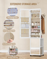Hzuaneri 8 LEDs Jewelry Cabinet Armoire, 64.8-inch Jewelry Organizer with Garment Rack, Lockable Full-length Mirror with 4 Wheels, Storage Shelves with Hooks, 5-in-1, White and Beige JC17003BE Hzuaneri