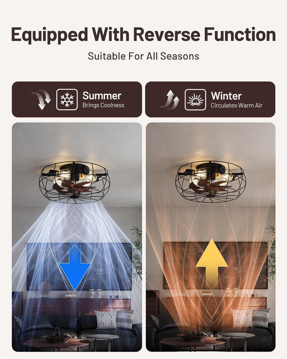 CubiCubi Caged Ceiling Fans with Lights, 20" Industrial Low Profile Fandelier with Remote and APP Control, Ultra Quiet 6 Wind Speed Small Farmhouse Ceiling Fan for Bedroom, Dining Room CubiCubi