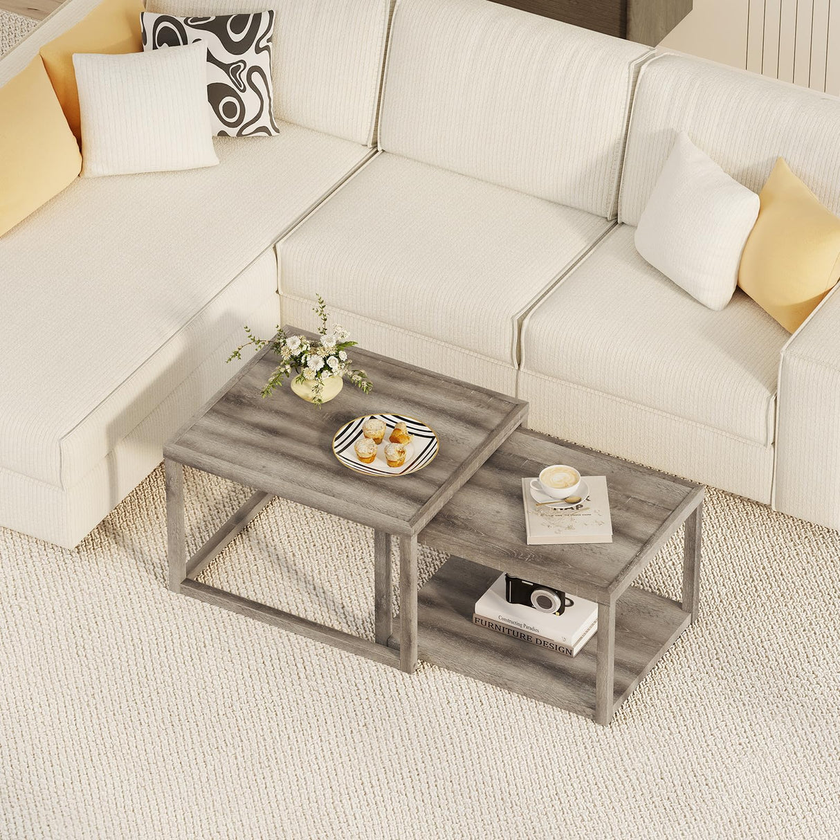 Giantex Nesting Coffee Table Set of 2, Stackable 2-Tier End Tables with Storage Shelf, Rubber Wood Frame, Farmhouse Nesting Tables for Living Room Bedroom Small Space, Grey Oak Giantex