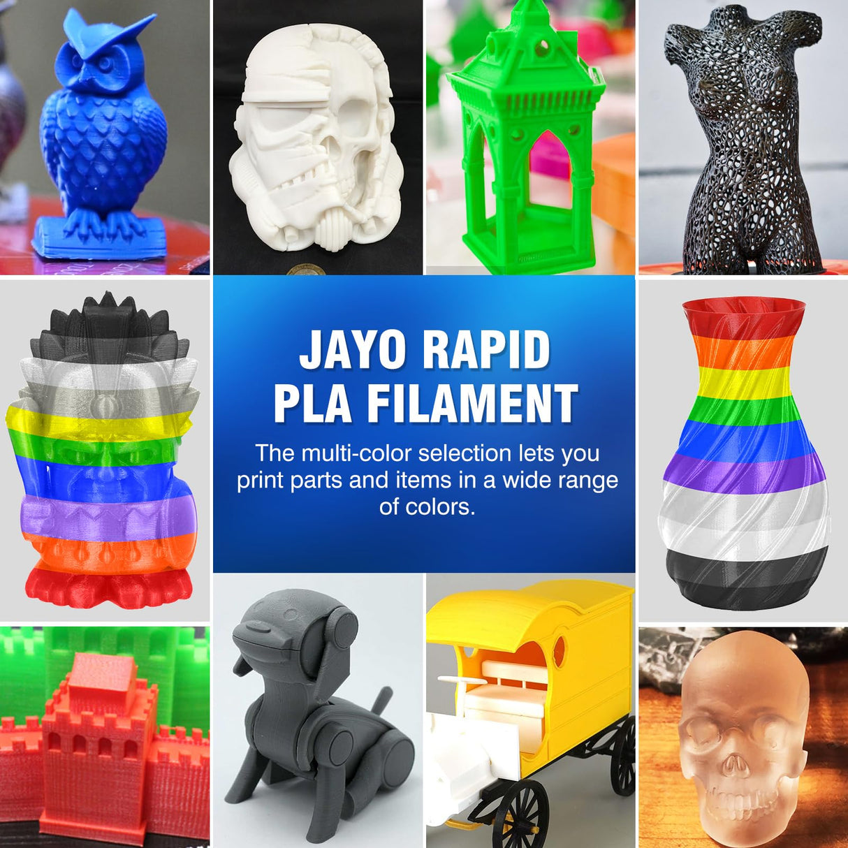 JAYO Rapid PLA 3D Printer Filament Bundle 2KG, High Speed PLA Filament 1.75mm 50mm/s - 600mm/s Print Range, 8 Pack 250g Spool Filament (Black, White, Blue, Red, Pink, Orange, Yellow, Olive Green) JAYO