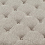 24KF Upholstered Round Coffee Table with Wooden Shelf, Tufted Button Large Round Ottoman with Spindle Wooden Legs, Linen Large Footrest Ottoman Pouf for Living Room, Linen 24KF