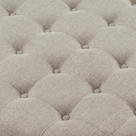 24KF Upholstered Round Coffee Table with Wooden Shelf, Tufted Button Large Round Ottoman with Spindle Wooden Legs, Linen Large Footrest Ottoman Pouf for Living Room, Linen 24KF