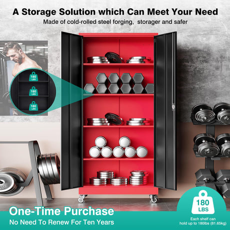 SISESOL Metal Storage Cabinet with Wheels,Rolling Garage Storage Cabinet with Lock,Red Metal Cabinet on Wheels,Tall Tool Storage Cabinet on Wheels for Garage,Home,Office,Shop SISESOL