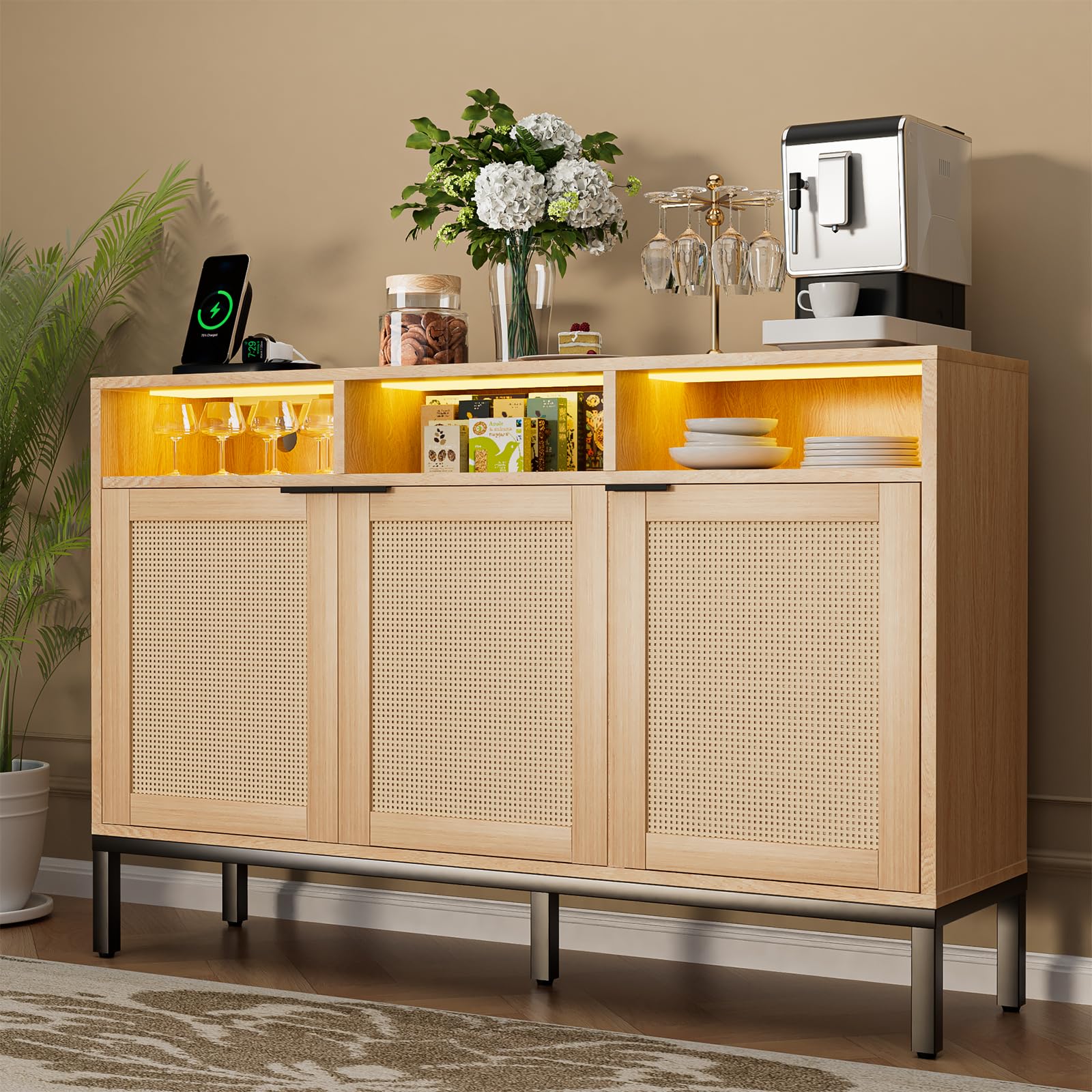 HPWLYO Boho Sideboard Buffet Cabinet, Accent Storage Cabinet with LED Light & Power Outlets, Freestanding Sideboard Storage Cabinet with 3 Rattan Doors, Farmhouse Kitchen Coffee Bar Cabinet - WoodArtSupply