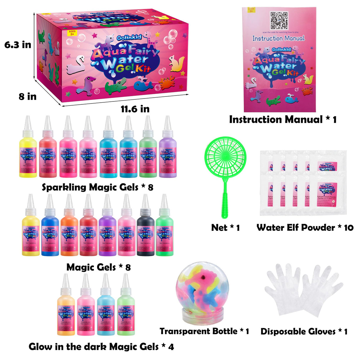Golinkid Magic Water Elf Toy Kit, 20 Bottles 24 Molds 70ML Aqua Fairy Water Gel Kit with Sparkling Magic Gel Glow in The Dark, Crate Your Own Magic Water Pets Aqua Fairy Craft Kits for Kids Golinkid