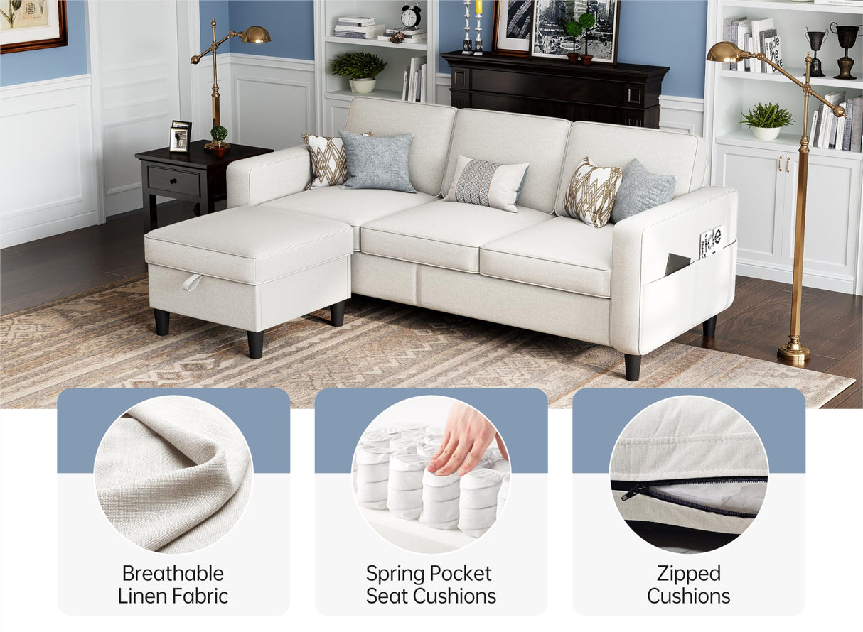 Sectional Sofas Couches for Living Room Convertible 3-Seater 78" L Shaped Couch for Small Spaces, Beige Pet-Friendly Modern Linen Fabric Sofa & Washable Covers Ideal for Apartments Studios Dorms Woyomeub