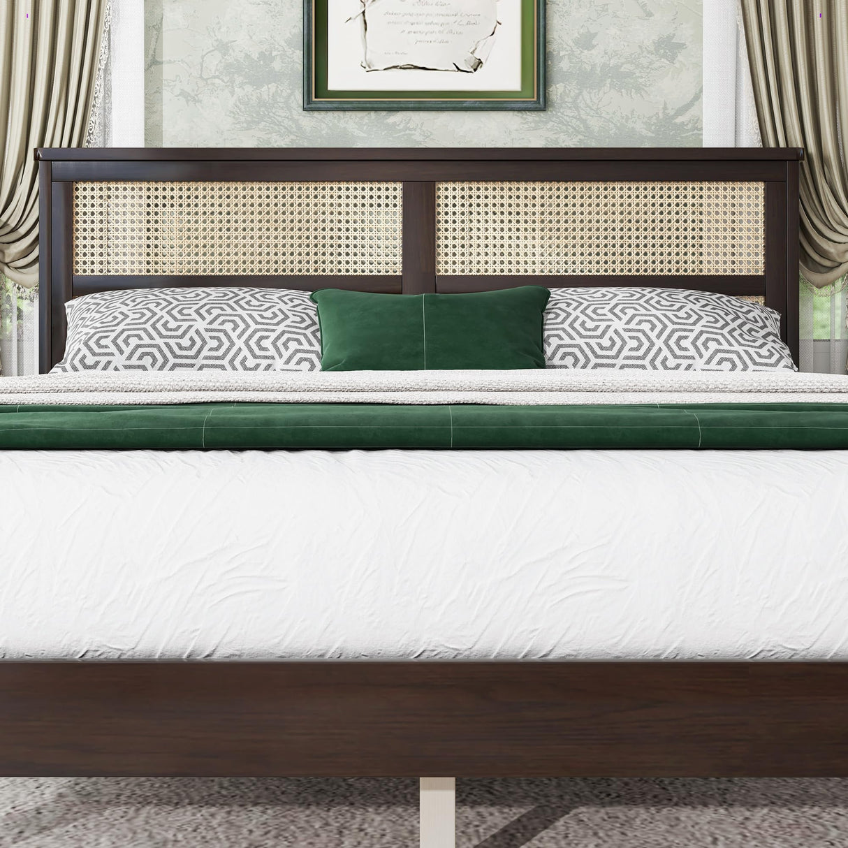Luxepurilyn Rubber Wood Queen Size Bed Frame, Rattan Bed Frame Queen with Rattan Headboard, Enhanced Support Slats- Rubber Wood, Espresso, No Box Spring Needed Luxepurilyn
