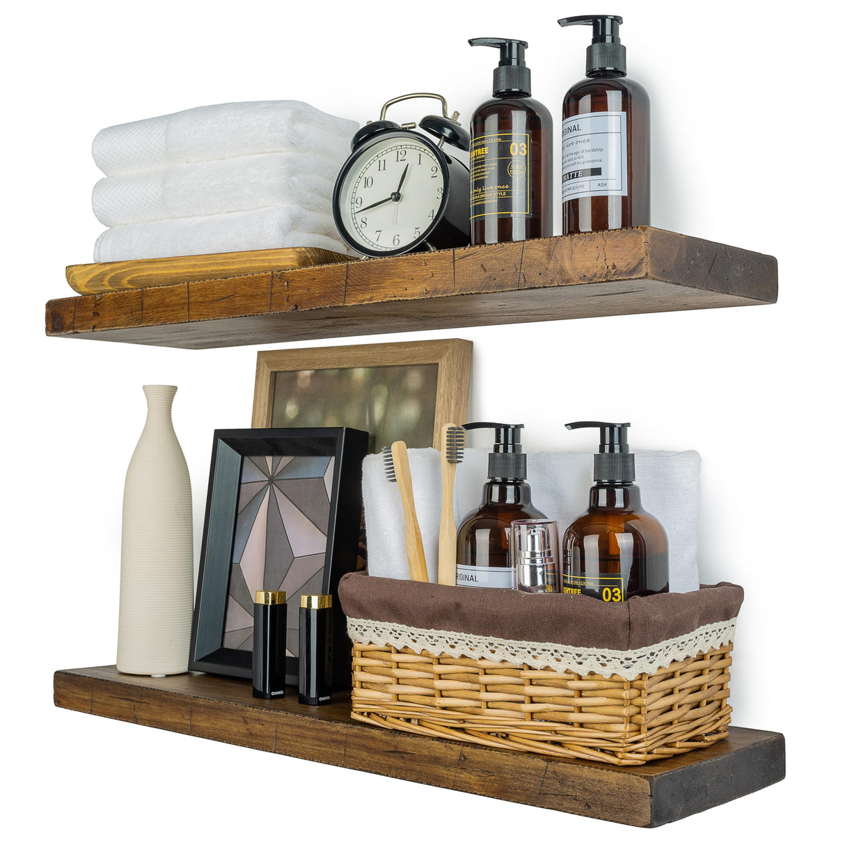 BGMG Floating Shelves 24 inch Long, Distressed,Wide Rustic Wooden Wall Shelves for Bathroom Living Room Bedroom Kitchen Farmhouse Set of 2-24x6.7x1.25 inch-Distressed Walnut BGMG