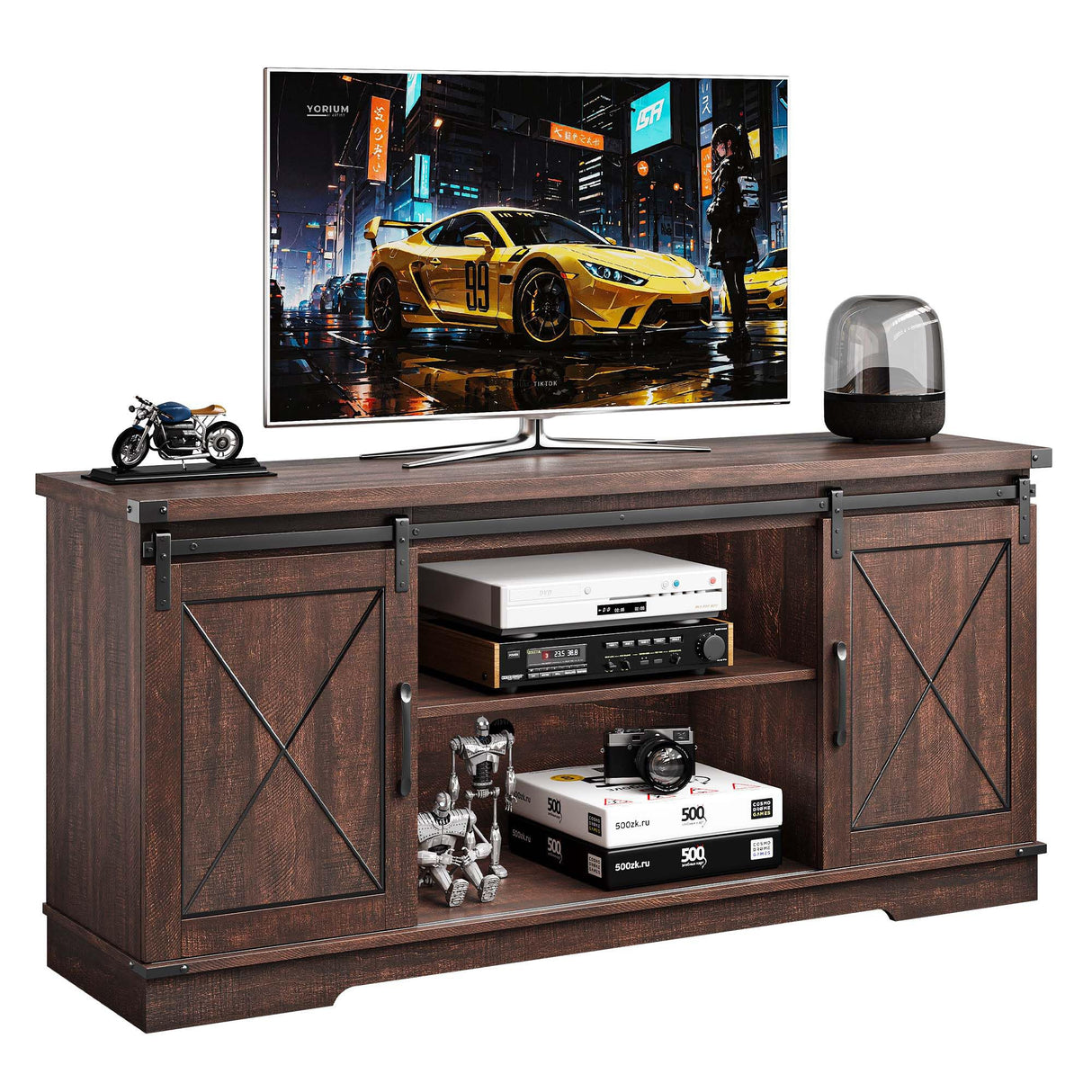 CABIHOME Farmhouse TV Stand and Entertainment Center for TV Up to 65 Inches with Sliding Barn Doors and Adjustable Shelf, TV Media Storage Console Table and Furniture for Living Room, Bedroom, Brown CABIHOME