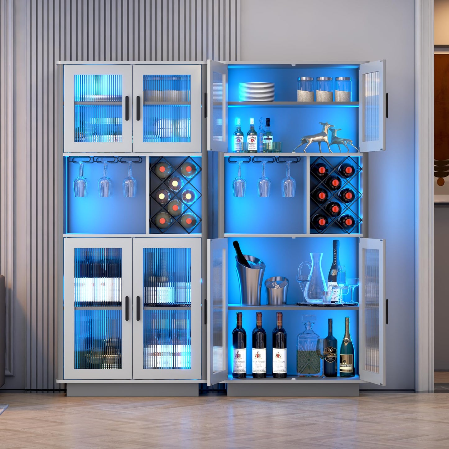 LVSOMT LED Wine Bar Cabinets with Removable Wine Rack, Bar Cabinets for Liquor with Light Motion Sensor, Kitchen Cabinet Storage for Dinning Room, Living Room (Dark Grey + Light Grey) - WoodArtSupply