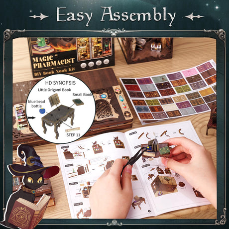Fsolis Book Nook Kit, DIY Miniature House Kit Wooden Puzzle Halloween Booknook for Adult Decorative Bookend Bookshelf Alley Decor for Women Teens(Magic Pharmacist) Fsolis