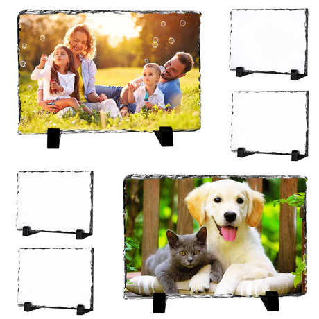 6 Pack Sublimation Slate Blanks,Heat Thermal Transfer Sheet Stone Photo Frame DIY Sublimation Blank with Display Holder for Desktop Souvenir Custom Design Work XIHEYOMI