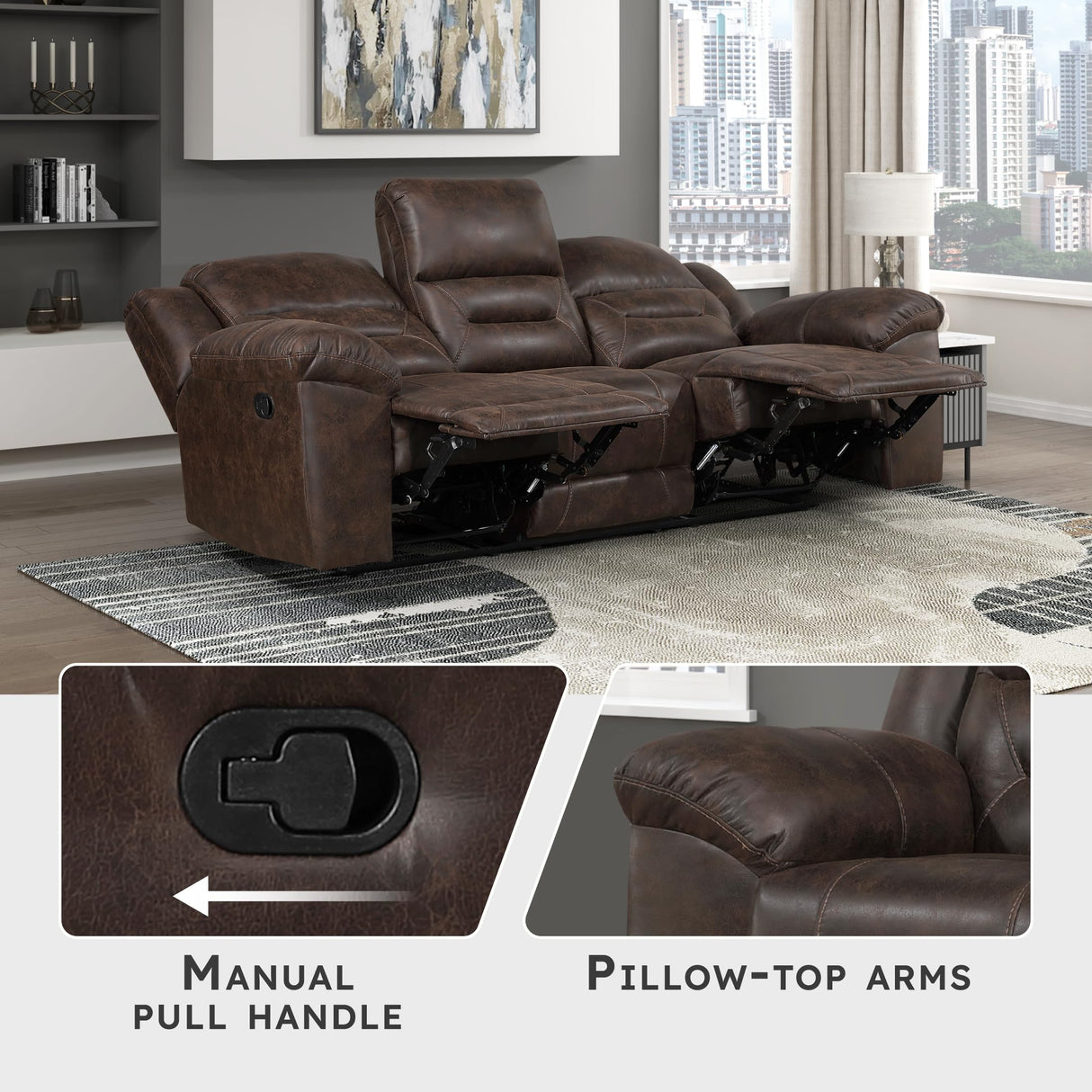 Lexicon Double Recliner Sofa for Living Room, Wall Hugger Manual Reclining Couch Sofa, Textured Microfiber Upholstered Dual Reclining Sofa, Home Theater Seating, Required Assembly, Dark Brown Lexicon