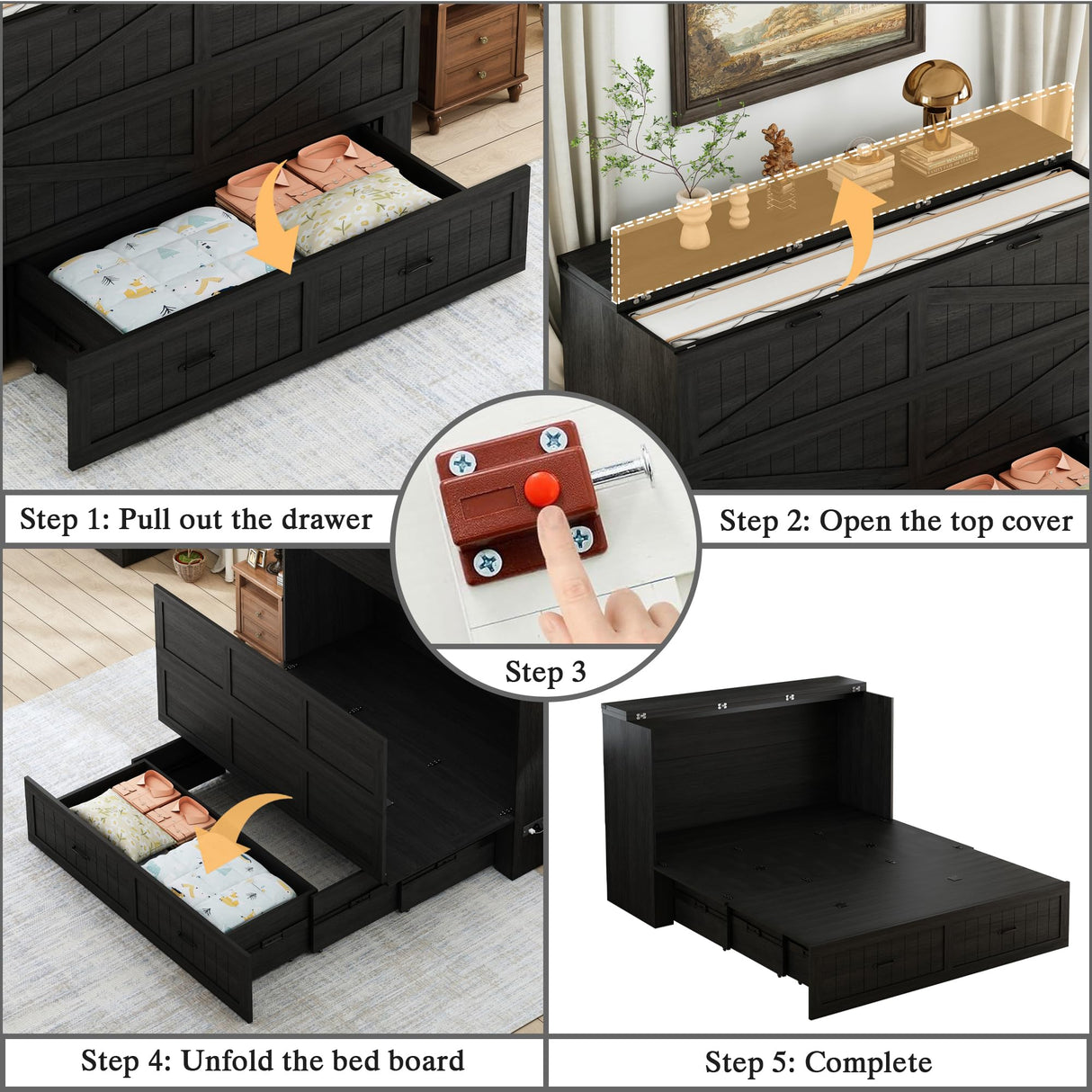 DalyLuxa Queen Size Multi-Functional Murphy Cabinet Bed with Charging Station, Farmhouse Queen Size Bed Frame with Drawer, Hidden Folding Murphy Bed Chest for Bedroom, Black DalyLuxa