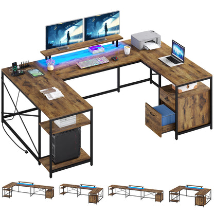 YITAHOME U Shaped Desk with Power Outlets & LED Lights, 79" Reversible L Shaped Desk with Drawers, Corner Computer Desk Office Desk with Monitor Stand & Storage Shelves, Rustic Brown - WoodArtSupply