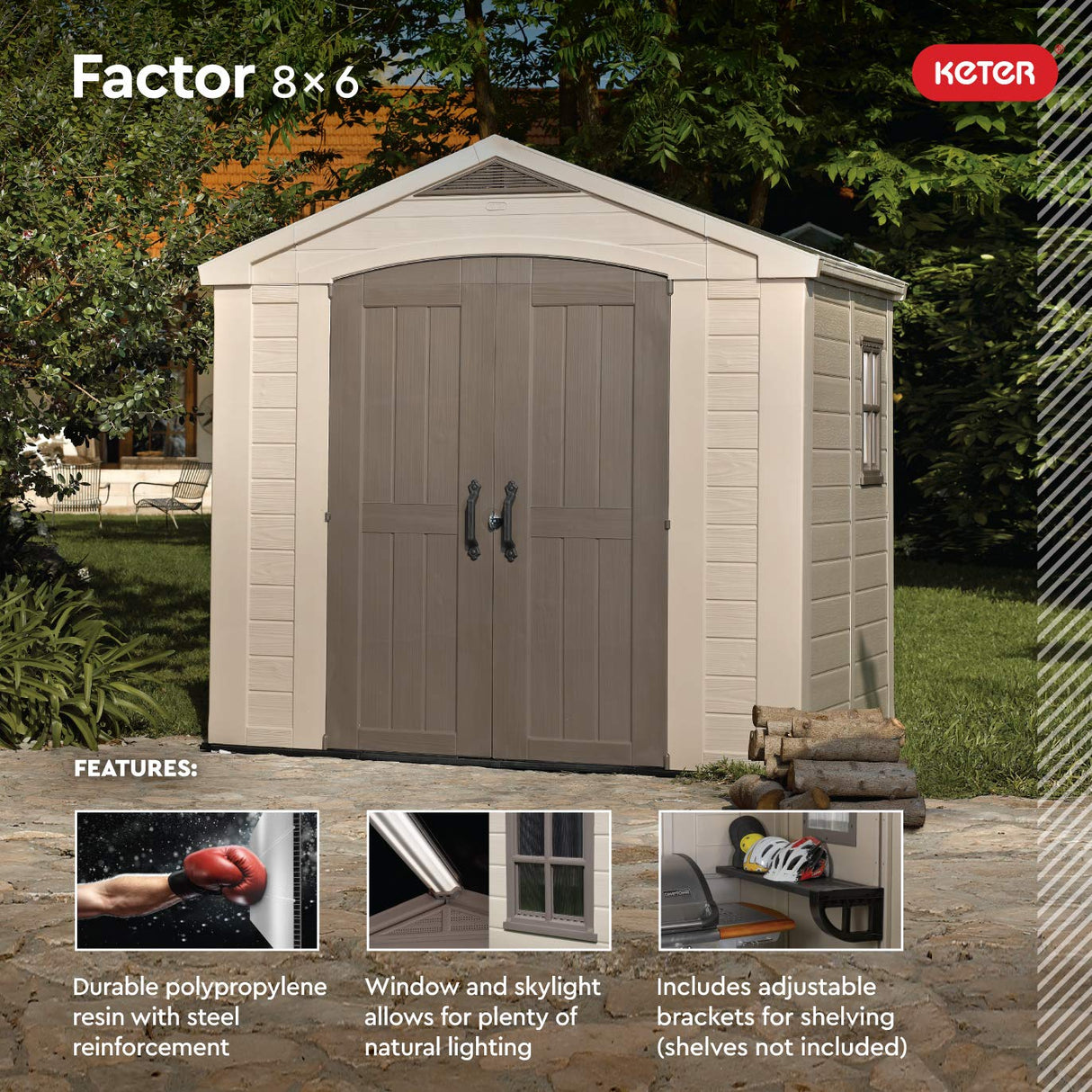 Keter Factor (8x6 ft) Large Resin Outdoor Storage Shed for Patio Furniture, Lawn Mower, Garden Accessories Yard Tools, and Pool Toys, Taupe Keter