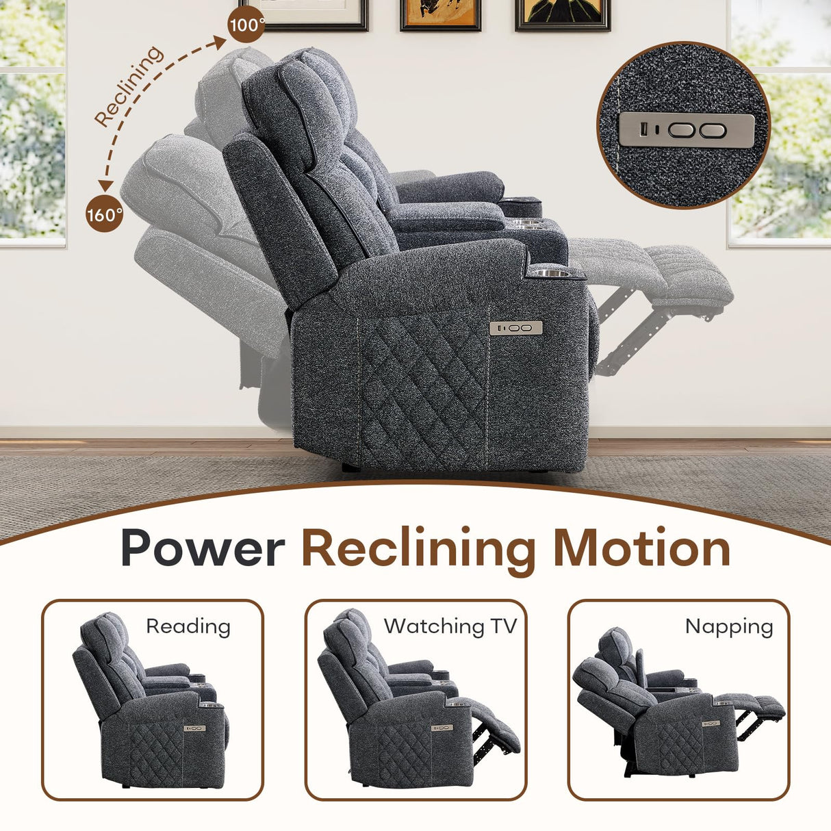 HAOMARKETS 3-Piece Power Recliner Sofa Set with Charging Port, Include 2 Single Power Chairs and a 3-Seater Reclining Couch with Cup Holders for Living Room, Dark Grey HAOMARKETS