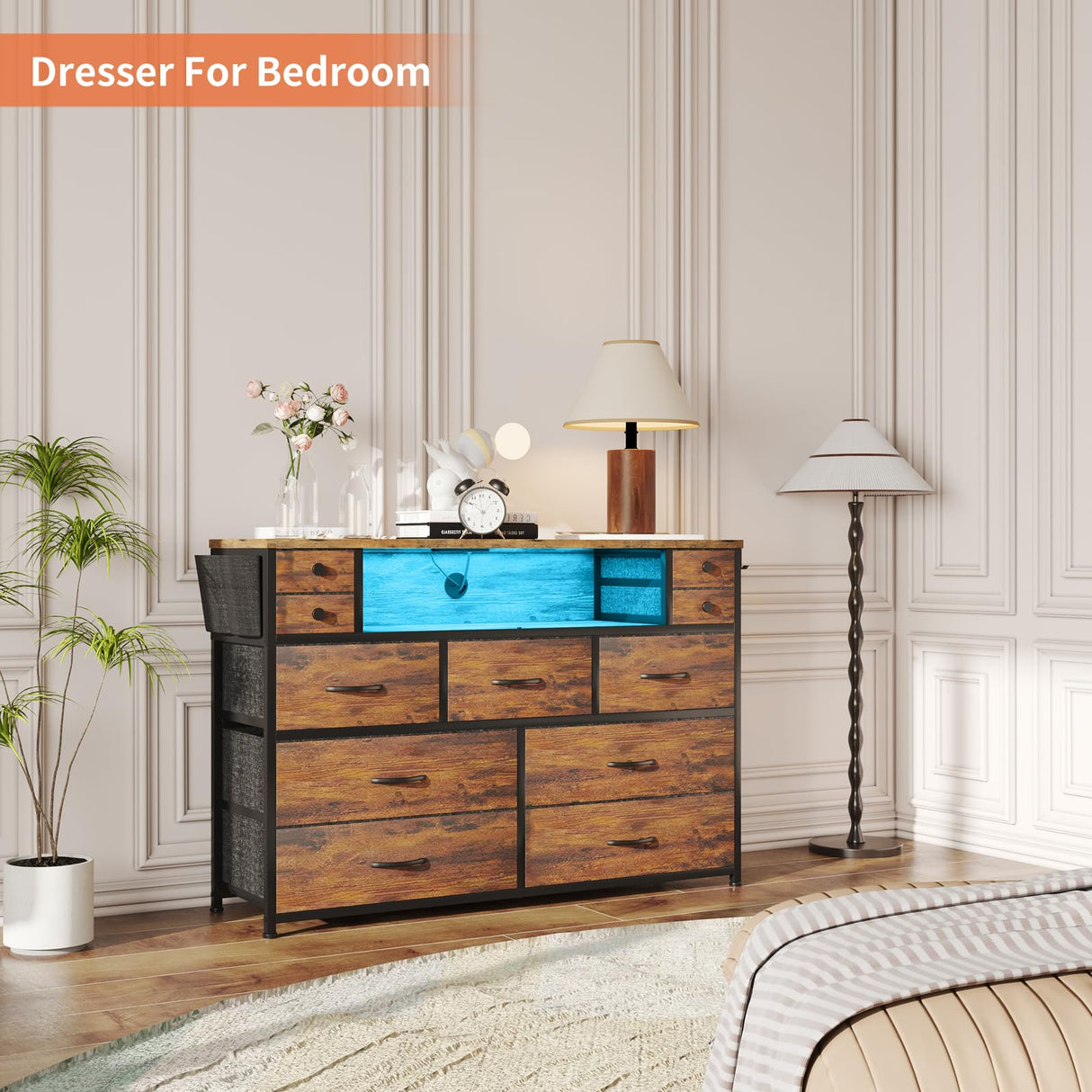 DRAWERHOM Dresser TV Stand with Power Outlets and LED Lights for 55'' TV, 11 Drawers Dresser with Side Pocket, Fabric Chest of Drawers with PU Finish, Sturdy Frame & Wood Top (Rustic Brown) DRAWERHOM