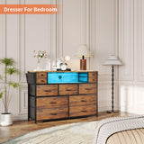 DRAWERHOM Dresser TV Stand with Power Outlets and LED Lights for 55'' TV, 11 Drawers Dresser with Side Pocket, Fabric Chest of Drawers with PU Finish, Sturdy Frame & Wood Top (Rustic Brown) DRAWERHOM
