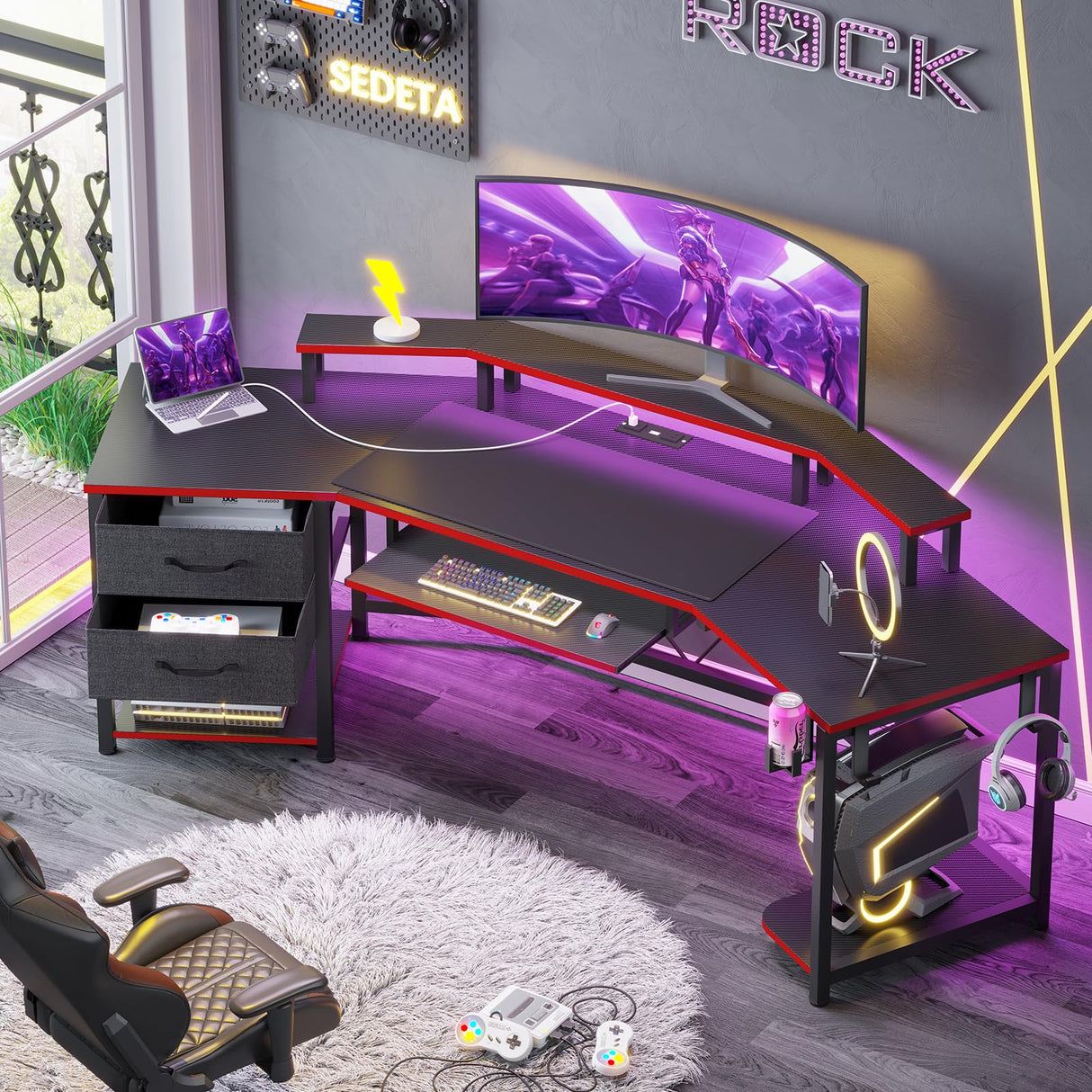 SEDETA 79" Gaming Desk, Computer Desk with 2 Fabric Drawers & LED Light, L Shaped Gaming Desk with Storage Shelf for Home Office, Carbon Fiber Black&Red SEDETA