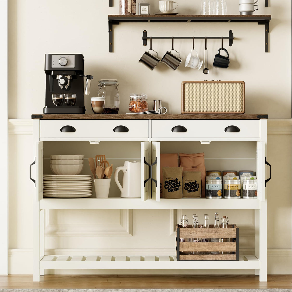 ChooChoo 47" Farmhouse Console Table with Storage, Rustic Entryway Table with Drawers & Doors, Narrow Long Sofa Table for Living Room, Hallway, Behind Couch, Soft White and Brown ChooChoo