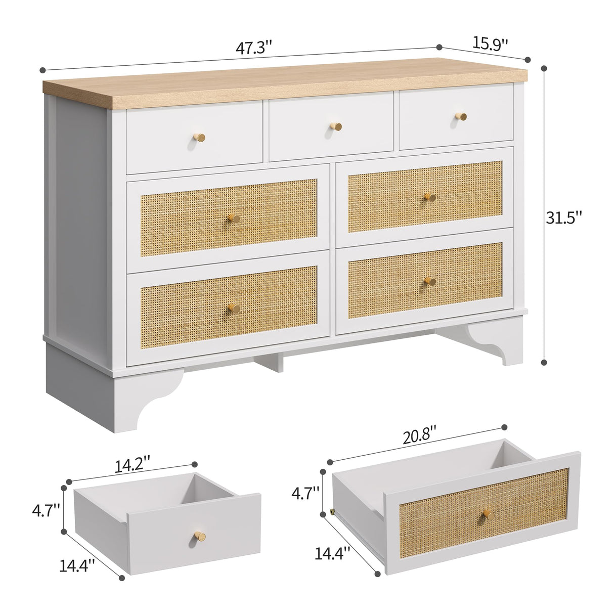 IDEALHOUSE 7 Drawer Dresser for Bedroom, 47.3" Wide Natural Rattan Chest of Drawers, Wood Boho Clothing Storage Organizer, Dresser TV Stand Cabinet for Living Room, White IDEALHOUSE
