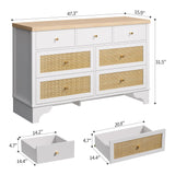 IDEALHOUSE 7 Drawer Dresser for Bedroom, 47.3" Wide Natural Rattan Chest of Drawers, Wood Boho Clothing Storage Organizer, Dresser TV Stand Cabinet for Living Room, White IDEALHOUSE