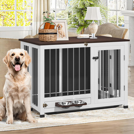 39.4" Dog Crate Furniture - Indoor Wooden Kennel with 360° Rotating Feeder & Removable Tray | Sturdy End Table for Medium & Large Dogs | Easy Assembly, Pet Cage for Living Room LotaTools
